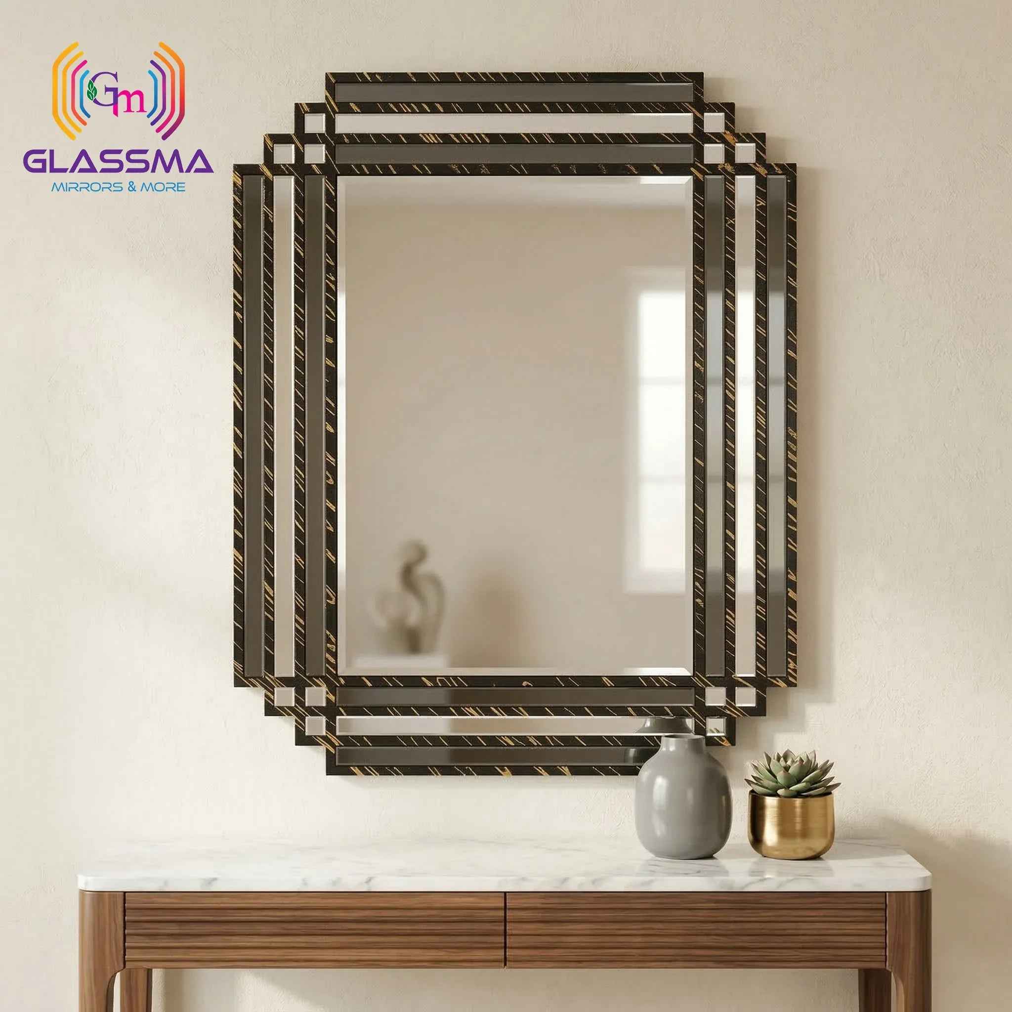 Geometric Decorative Wall Mirror | Black Deco Frame with Gold Texture Designer Mirror